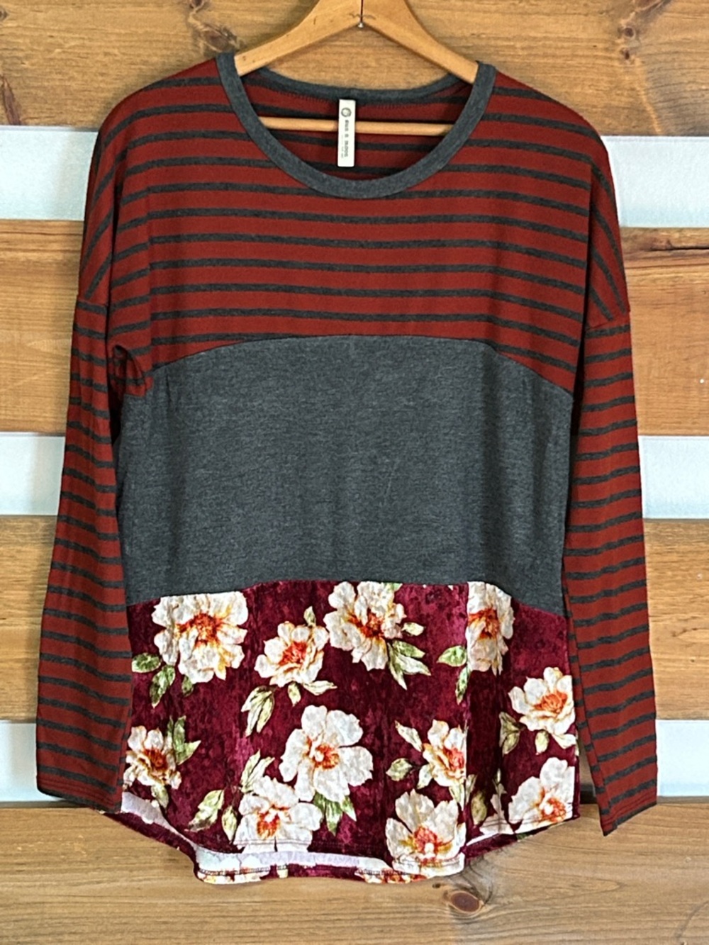 Sun n Moon Maroon and Gray Floral Long Sleeve Striped Top Size M